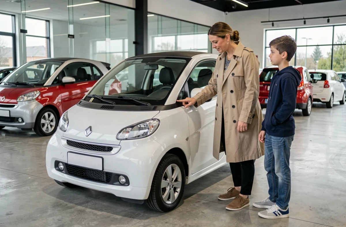 Mère et adolescent examinant une voiture sans permis électrique dans un concessionnaire