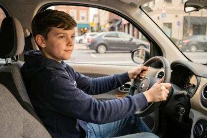 Jeune adolescent de 15 ans au volant d'une voiture sans permis compacte en ville