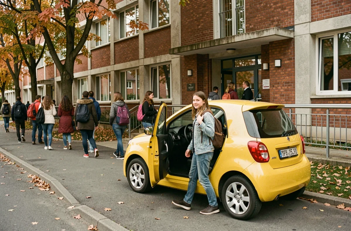 Adolescente descendant d'une voiture sans permis jaune devant l'entrée de son école