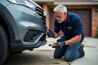 Homme appliquant un rénovateur plastique sur le pare-chocs terni d'un SUV gris dans une allée de maison