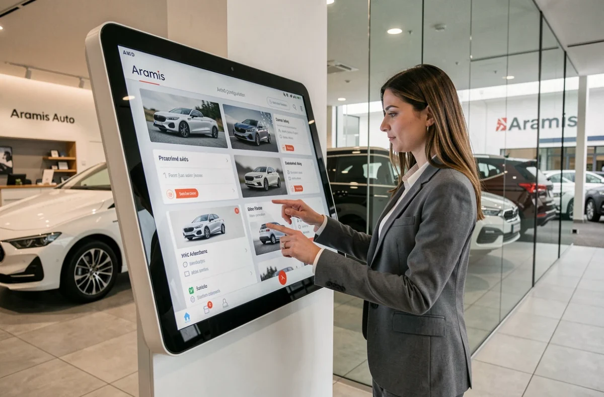 Cliente chez Aramis Auto consultant les véhicules d'occasion sur une borne numérique dans un showroom épuré