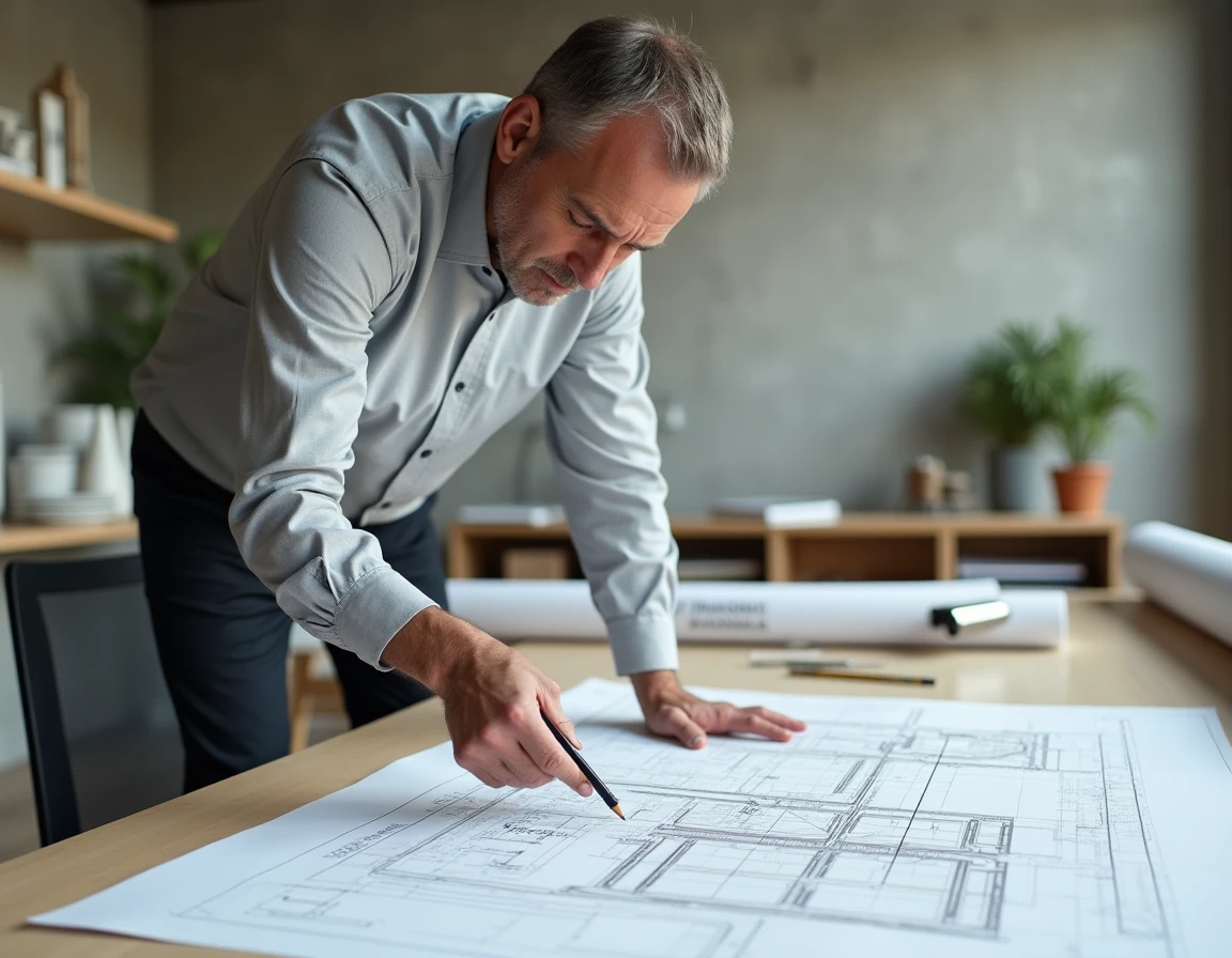Architecte étudiant les plans de dimensions de places de parking et normes PMR sur une table à dessin