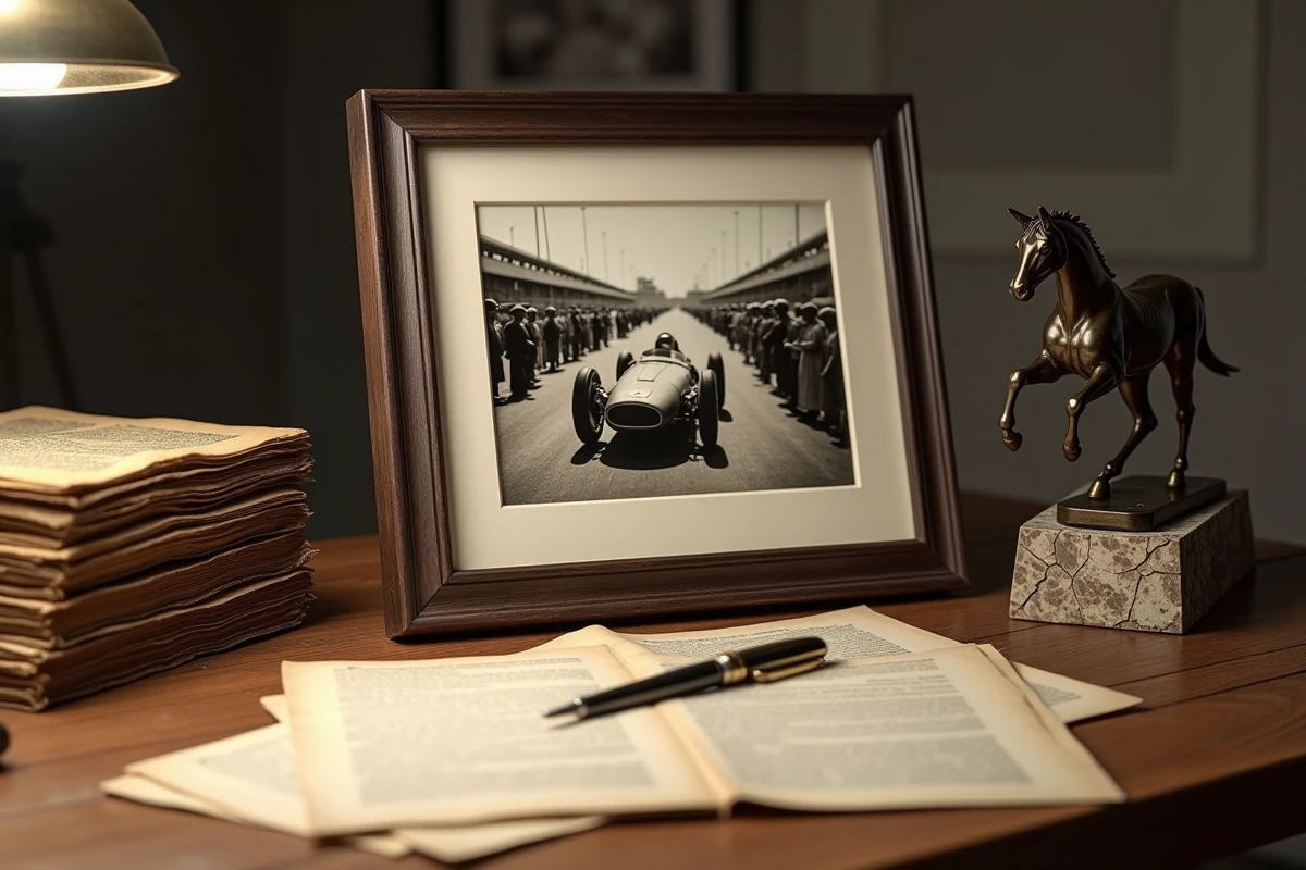 Bureau vintage avec photographie historique en noir et blanc d'une course automobile Ferrari dans les années 1940, documents anciens et statuette du cheval cabré symbolisant les dates clés de l'histoire Ferrari