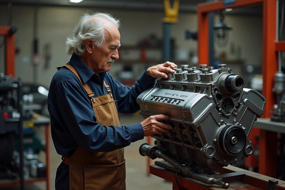 Artisan italien âgé inspectant un moteur Ferrari V12 dans un atelier de Maranello, illustrant le savoir-faire artisanal à l'origine de la légende Ferrari