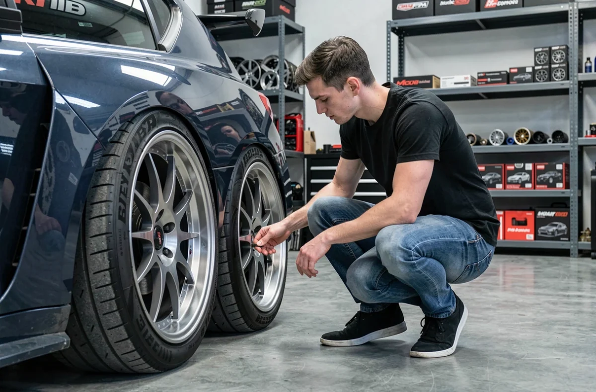 Passionné d'AS Motors Shop inspectant des jantes sport sur une voiture de performance dans l'espace de vente