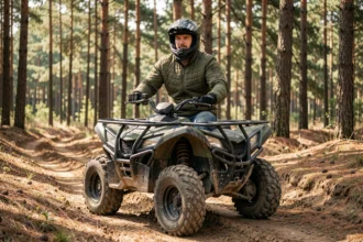 Homme en équipement de protection sur un quad tout-terrain dans une forêt de pins, illustrant l'assurance quad