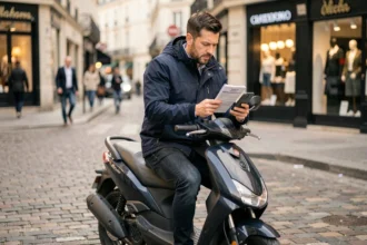 Homme assis sur un scooter urbain consultant des documents d'assurance sur son smartphone dans une rue parisienne