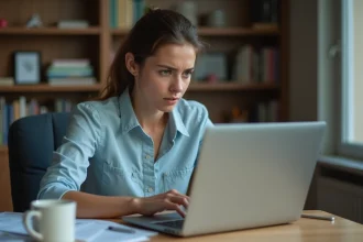 Jeune femme anxieuse attendant les résultats de son permis de conduire sur son ordinateur portable à la maison