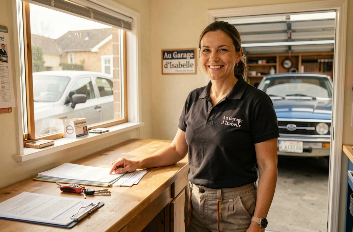 Isabelle, gérante du garage Au Garage d'Isabelle, accueillant des clients au comptoir de son atelier dans l'Oise