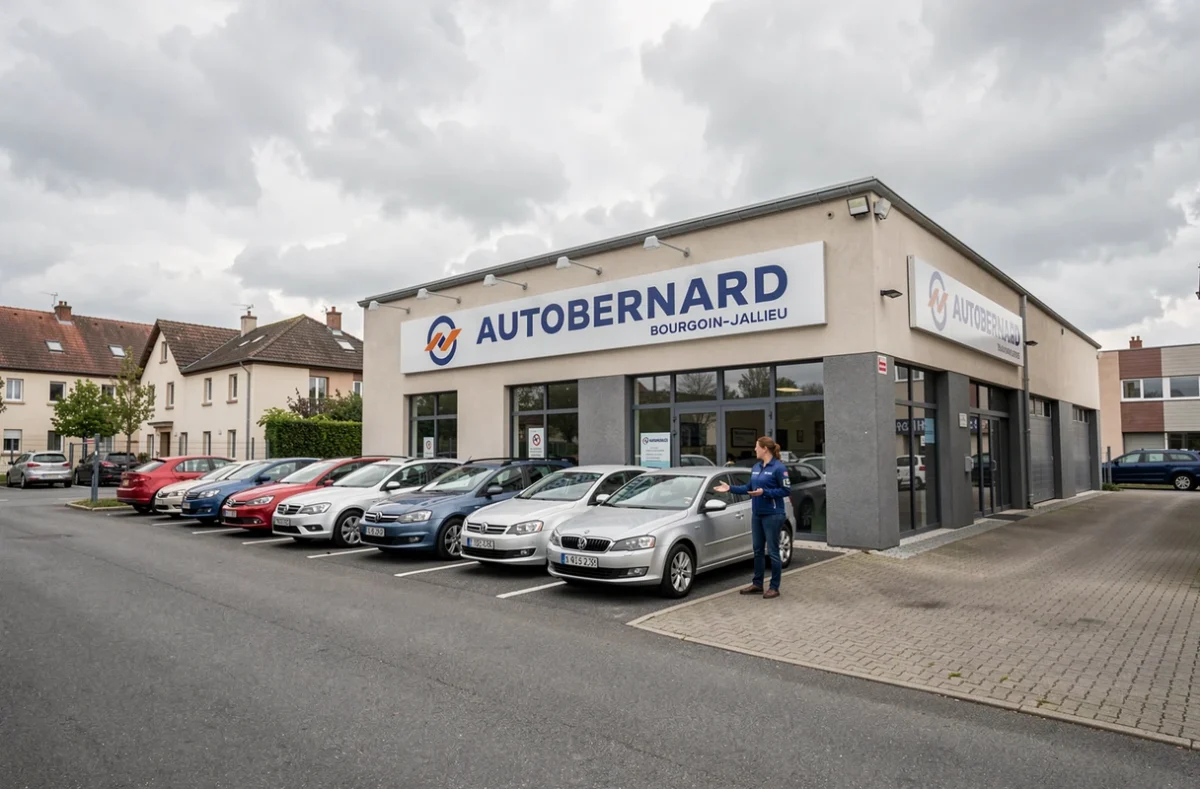 Concession Autobernard Bourgoin-Jallieu avec des voitures d'occasion alignées sur le parvis et une employée accueillant un client