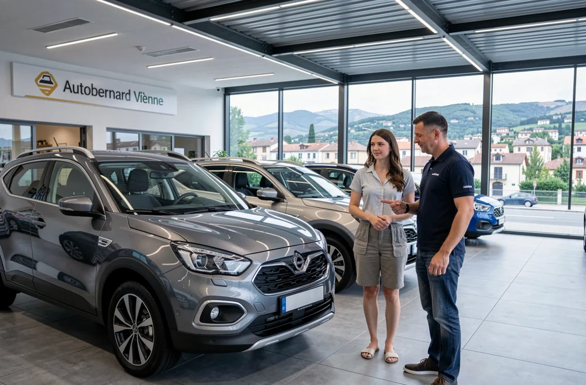 Vendeur Autobernard Vienne présentant un SUV d'occasion à un couple dans un showroom ouvert avec vue sur la ville