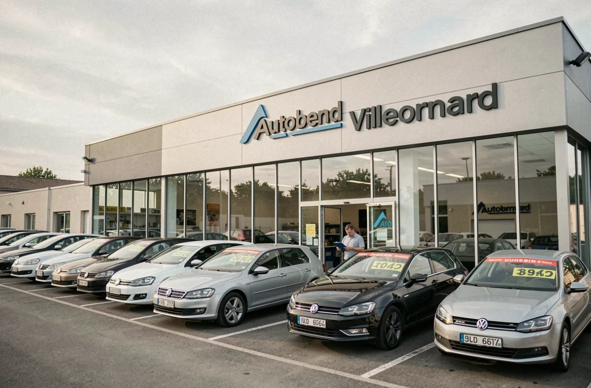Extérieur de la concession Autobernard Villefontaine avec voitures d'occasion sur le parvis et employé vérifiant le stock