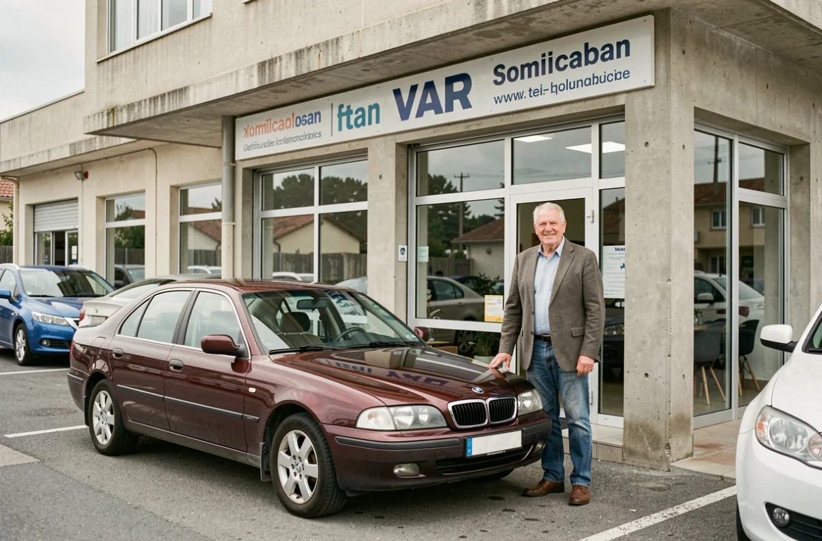 Devanture des Automobiles Carnovale avec le gérant devant un véhicule d'occasion bien entretenu