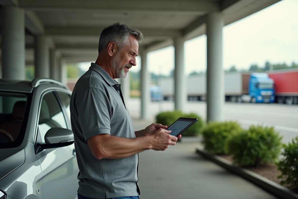 Automobiliste consultant son application GPS dans une aire d'autoroute française lors d'un long trajet