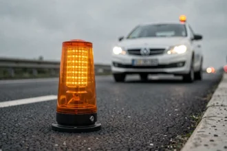 Balise lumineuse V16 homologuée posée sur la route en bord d'autoroute à côté d'un véhicule en panne