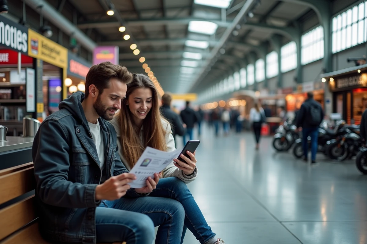 Couple consultant un guide budget et des codes de réduction pour optimiser leur visite au Salon du 2 Roues