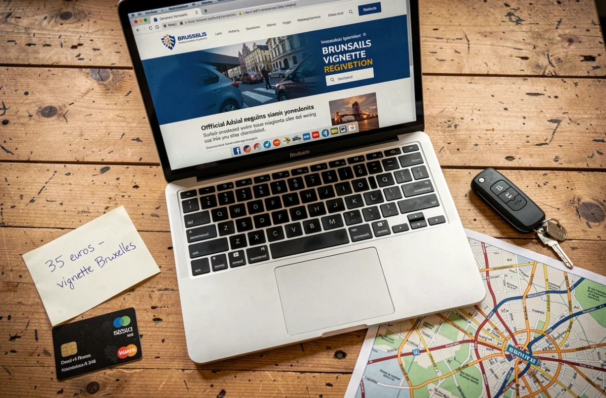 Bureau avec ordinateur portable affichant le site de la vignette Bruxelles, carte de crédit et clé de voiture