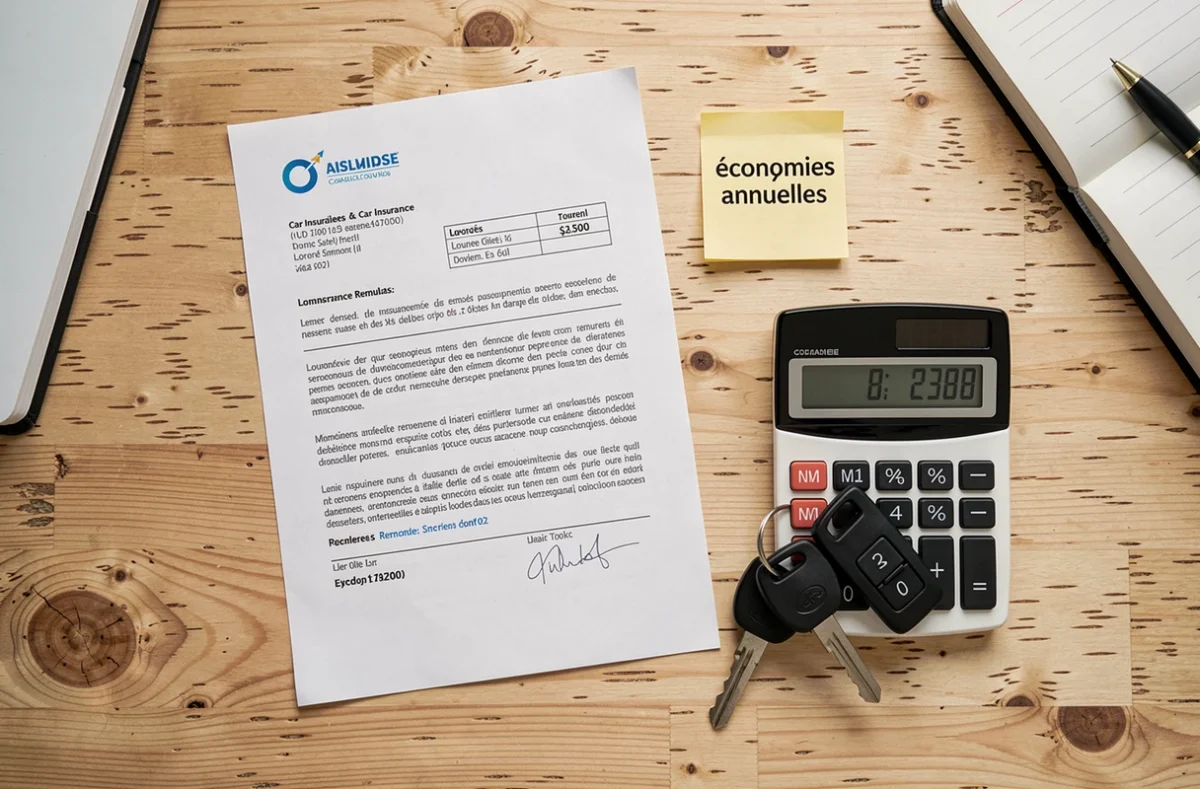 Vue de dessus d'un bureau avec lettre de renouvellement d'assurance auto, calculatrice et clés de voiture illustrant une économie annuelle