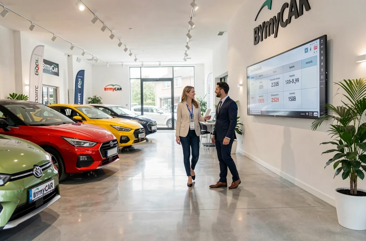 Conseillère BYmyCAR Grenoble présentant les tarifs de voitures d'occasion à un client devant un panneau numérique dans un showroom moderne