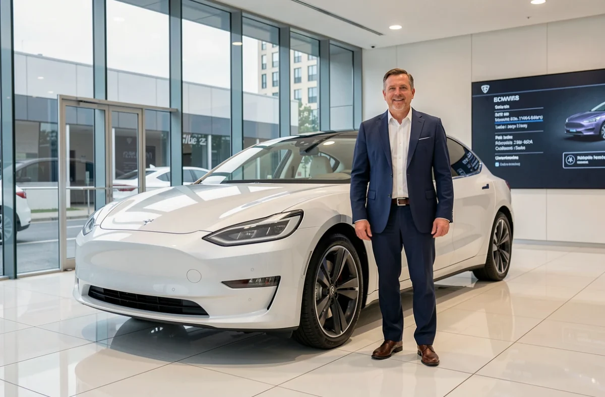 Conseiller commercial de BYmyCAR Toulon-La Garde présentant une voiture électrique neuve dans un showroom moderne