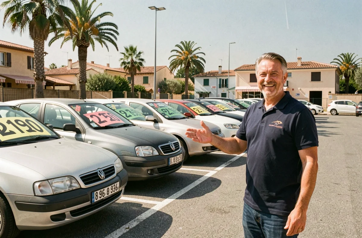 Lot de véhicules d'occasion de Cap Sud Auto avec un vendeur devant des voitures familiales en plein air