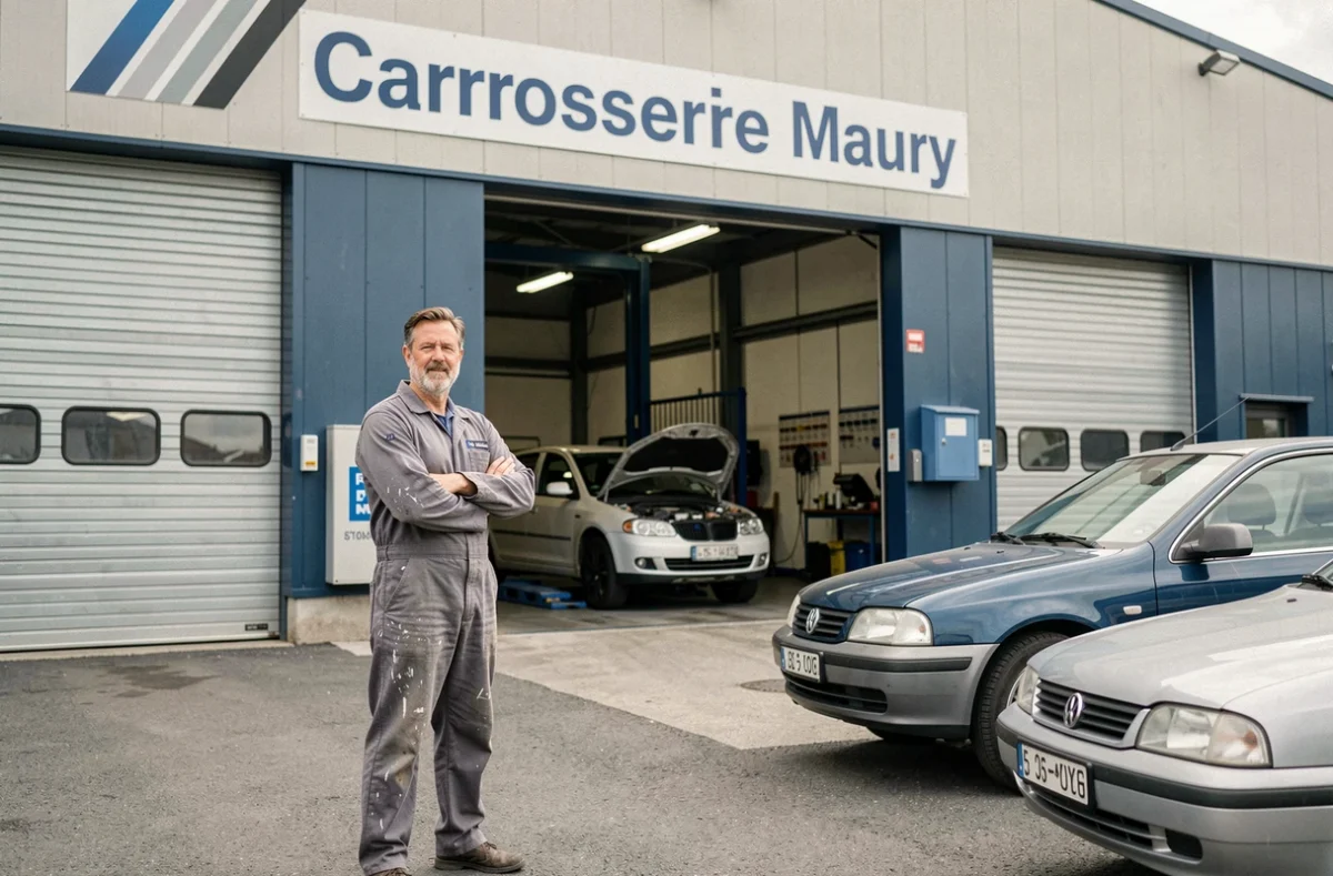 Devanture de la Carrosserie Maury avec un technicien en combinaison devant l'atelier de réparation et des voitures d'occasion