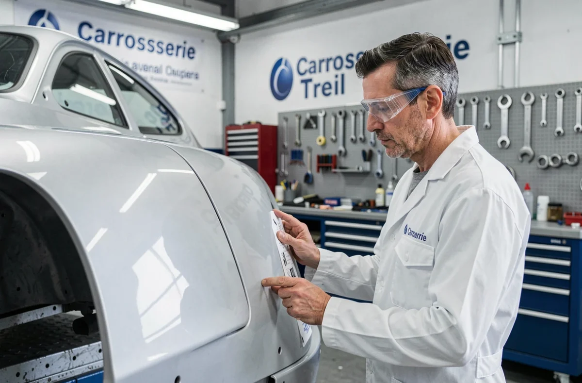 Technicien de la Carrosserie Treil inspectant un panneau de carrosserie réparé dans l'atelier équipé de l'Oise