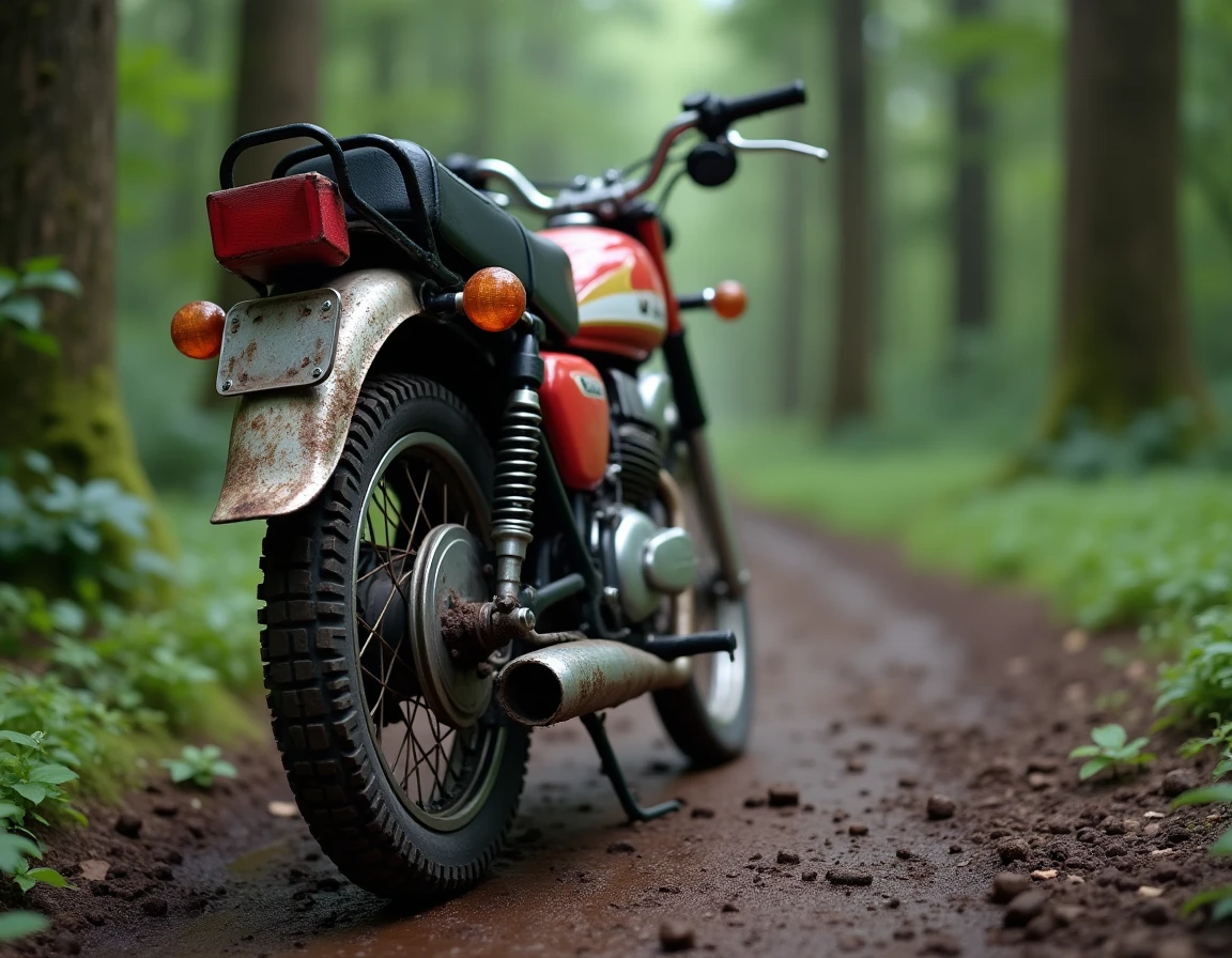 Honda XL 500 garée sur un sentier forestier boueux avec chaîne négligée et rouillée, exemple d'erreur d'entretien