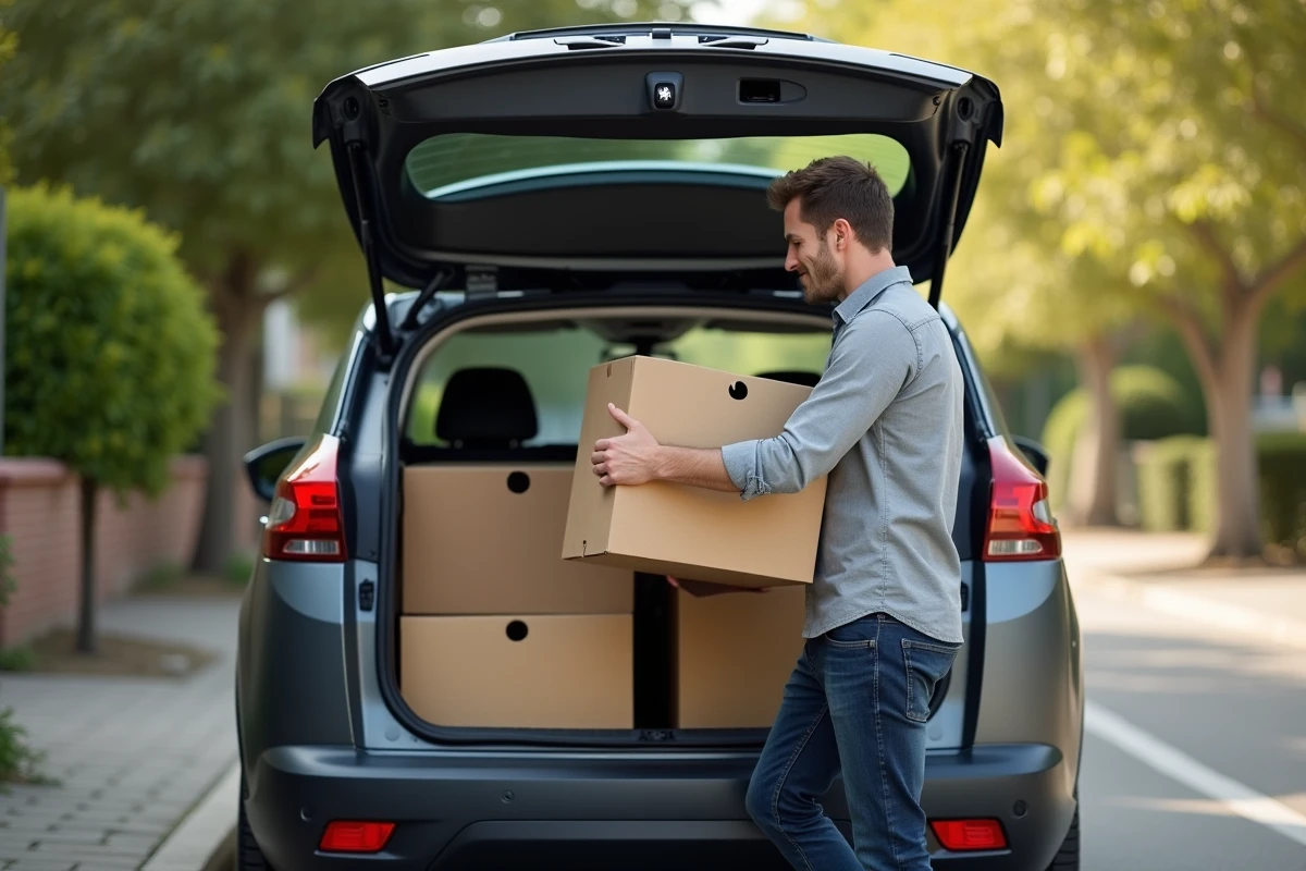 Homme chargeant des cartons dans le coffre d'un Peugeot 3008 Phase 2, comparant les versions thermique et électrique pour le volume utile