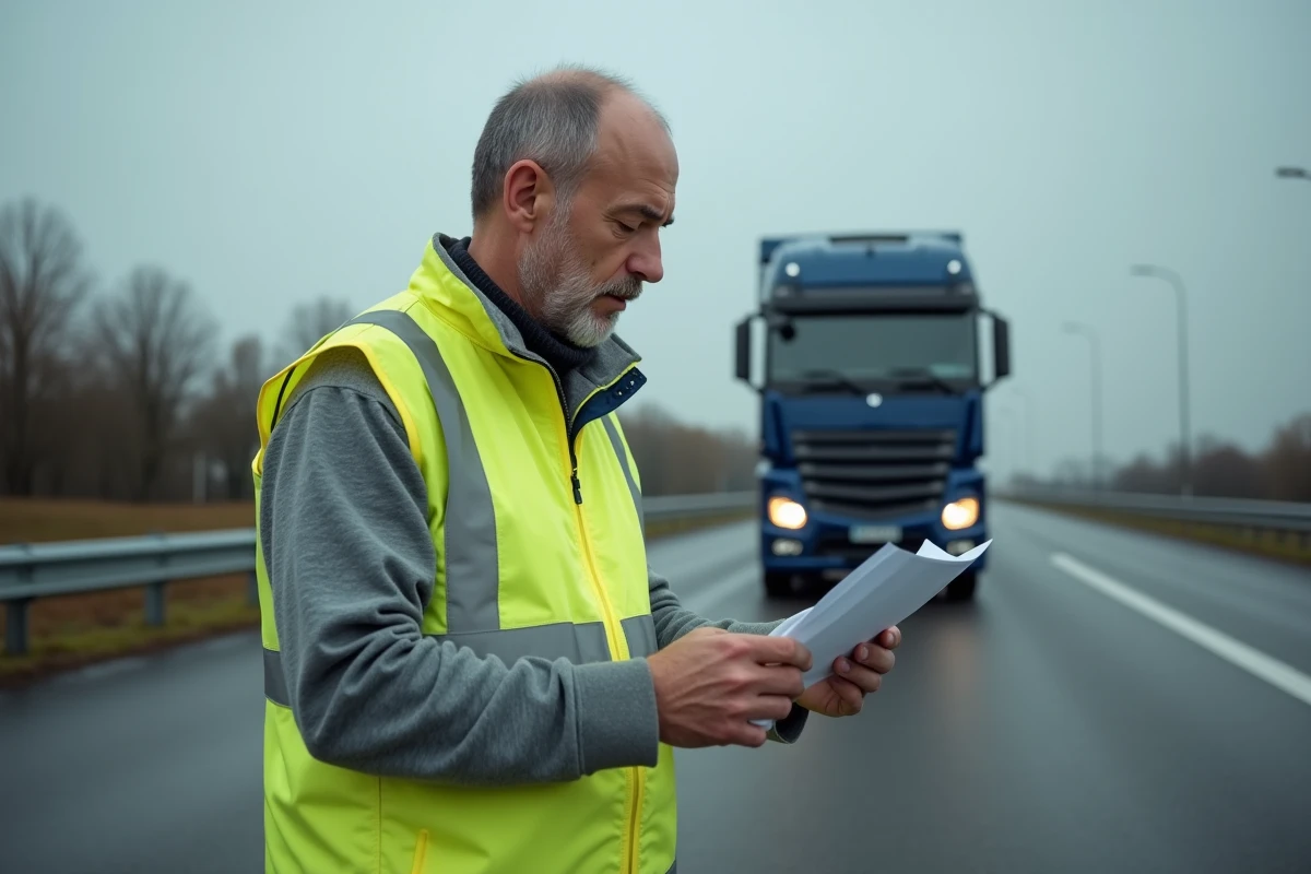 Chauffeur de camion vérifiant son attestation d'assurance tous risques sur une aire d'autoroute en France