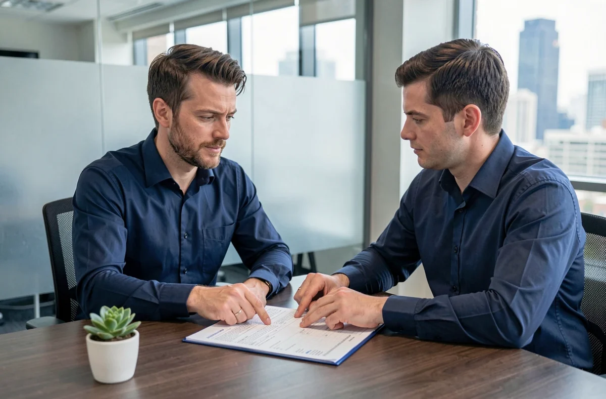 Client et conseiller en assurance examinant ensemble les clauses d'un contrat VSP dans un bureau professionnel
