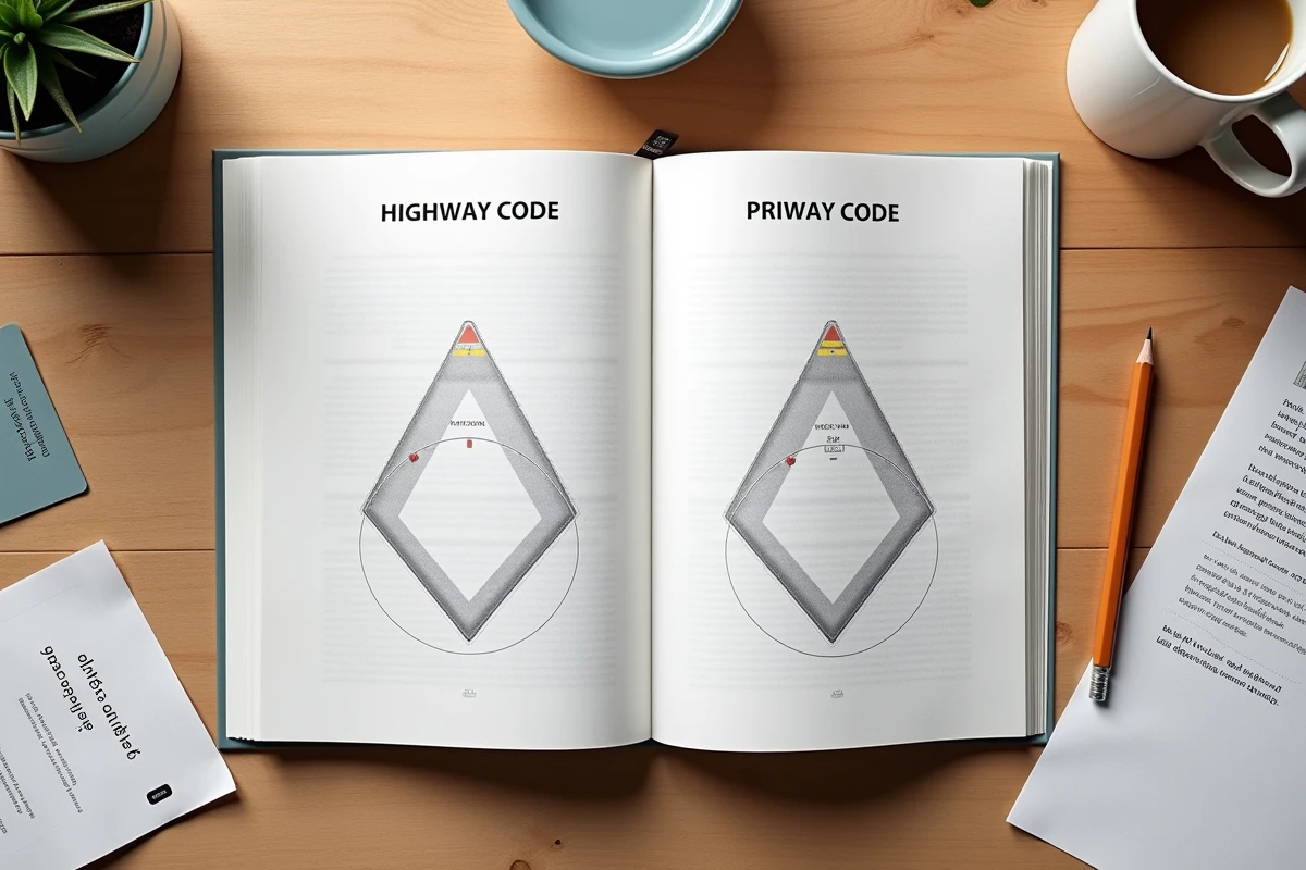 Code de la route ouvert sur une table montrant les panneaux de priorité à droite et de route à caractère prioritaire avec des annotations manuscrites