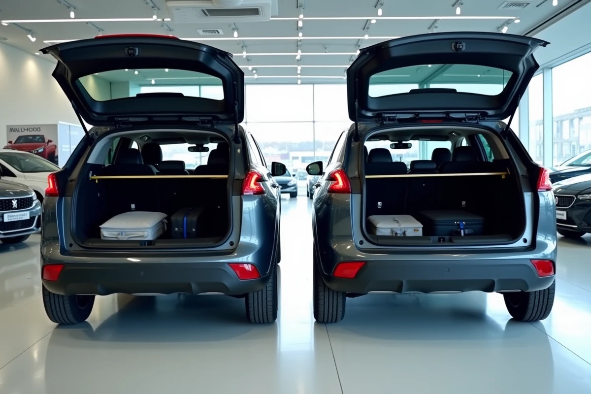 Comparaison du volume de coffre entre la version hybride et électrique du Peugeot 3008 Phase 2 dans un showroom automobile