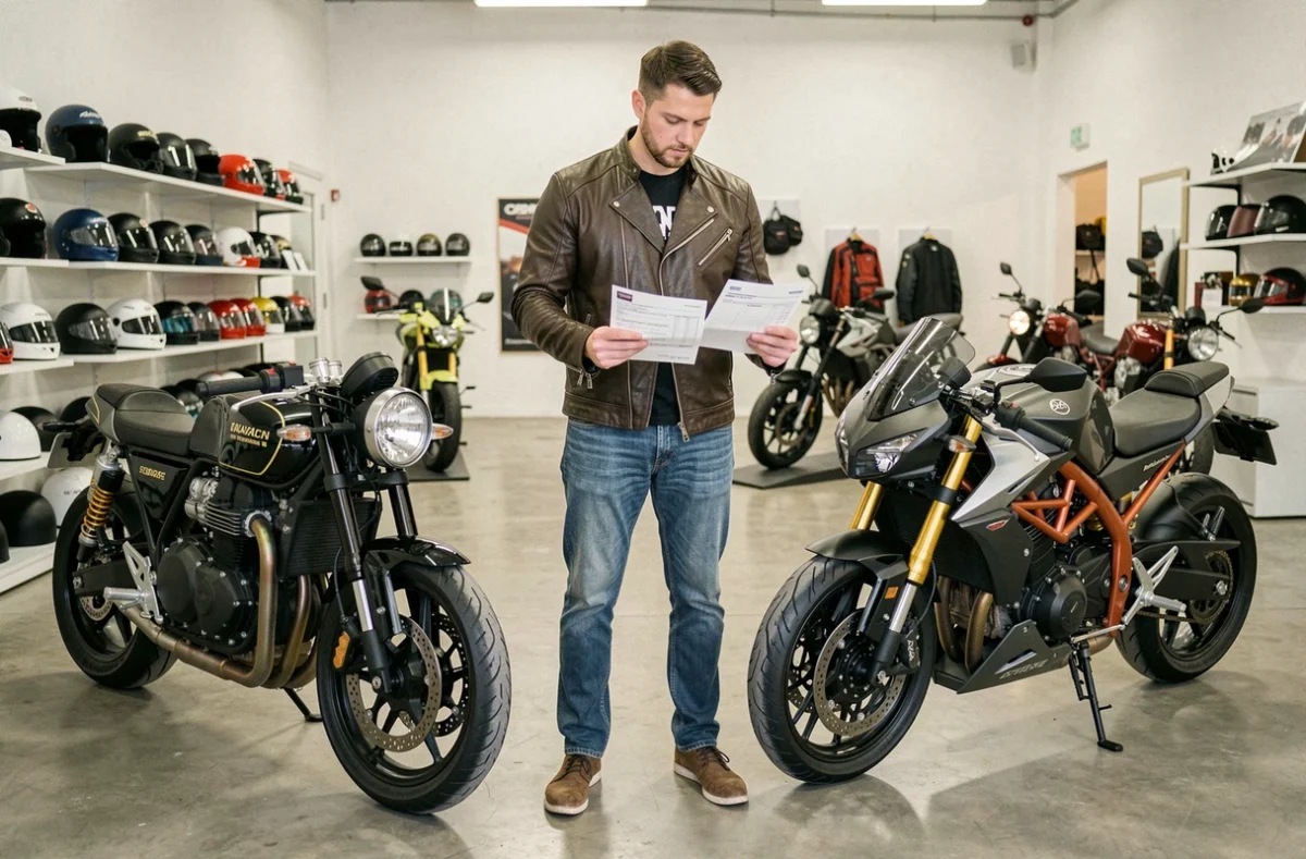 Homme comparant des devis d'assurance pour différents types de motos dans une concession moto moderne