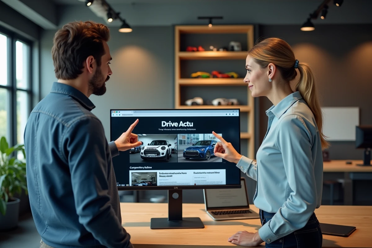 Deux professionnels des médias comparant Drive Actu et un site auto généraliste sur écran