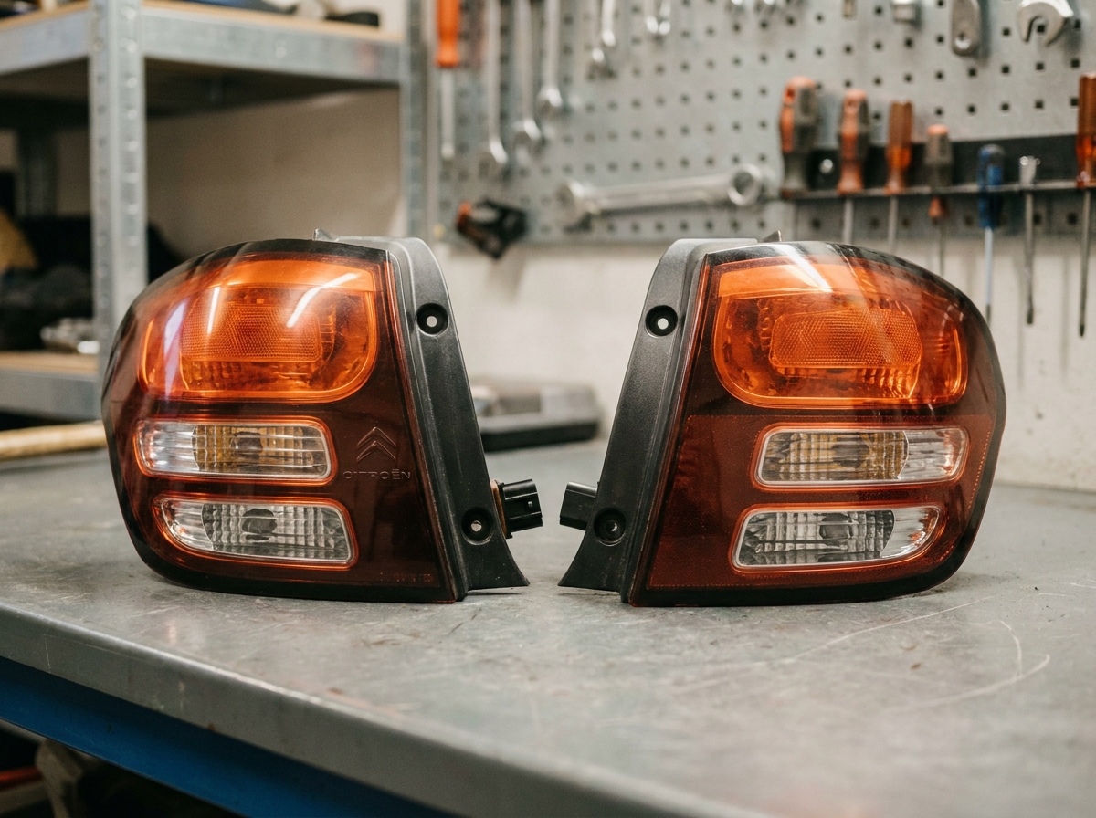 Comparaison de deux feux arrière Citroën C3 compatibles posés sur un établi de garage