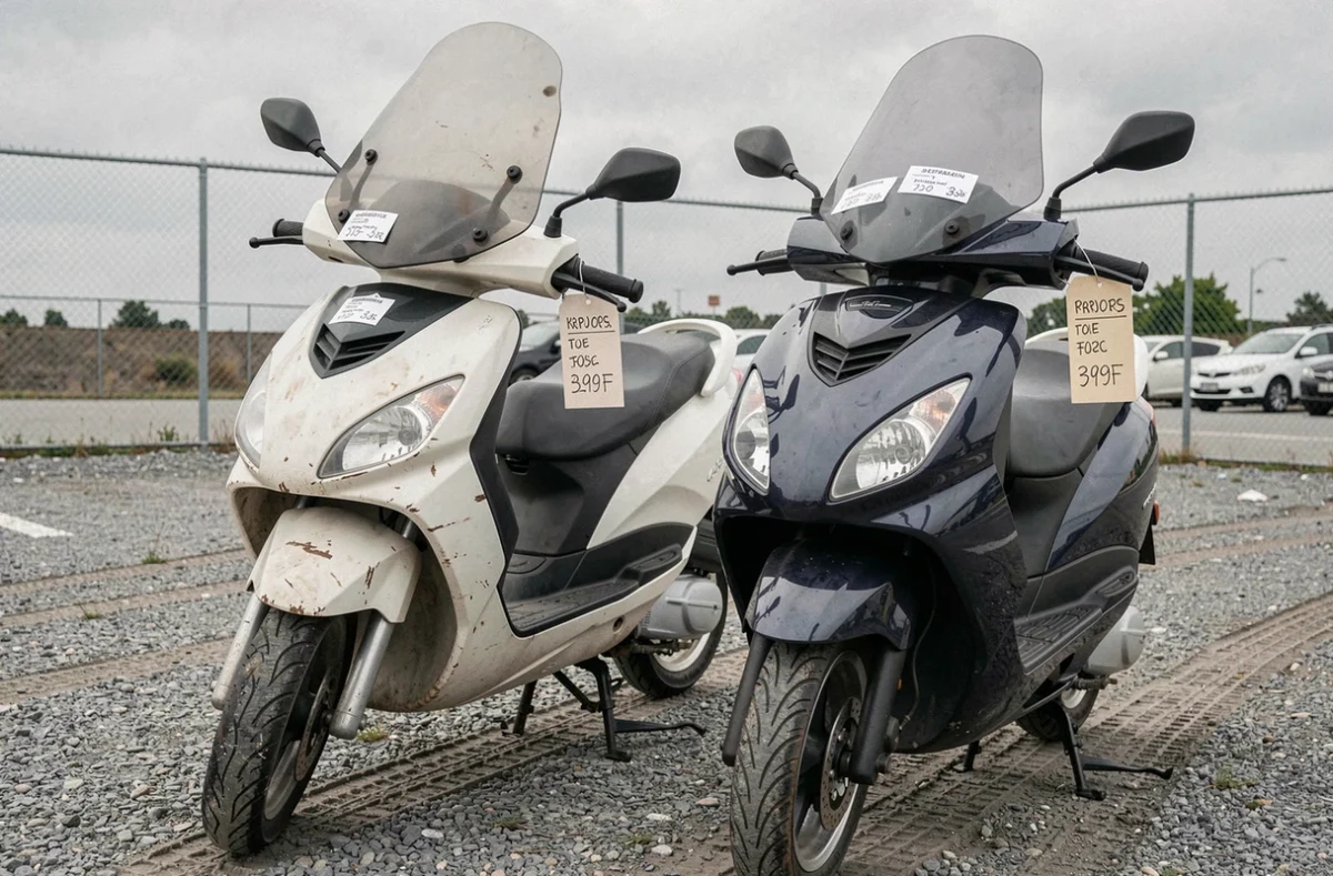 Comparaison de deux scooters d'occasion côte à côte dans un lot de revente, avec étiquettes de prix et décote visible