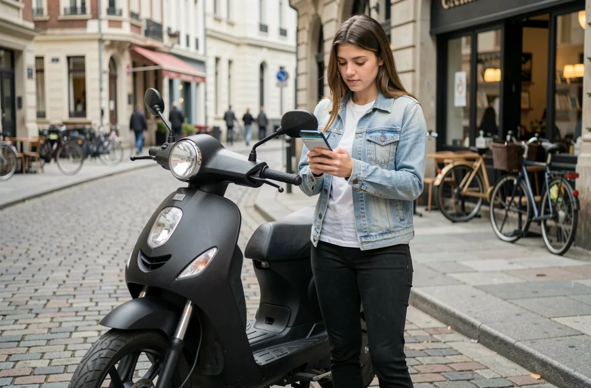 Jeune femme consultant un comparateur d'assurance scooter 50cm3 sur smartphone en ville