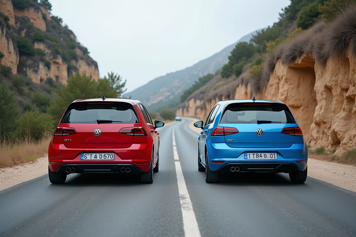 Comparatif 205 GTI 2026 et e-208 GTI côte à côte sur route de montagne en France