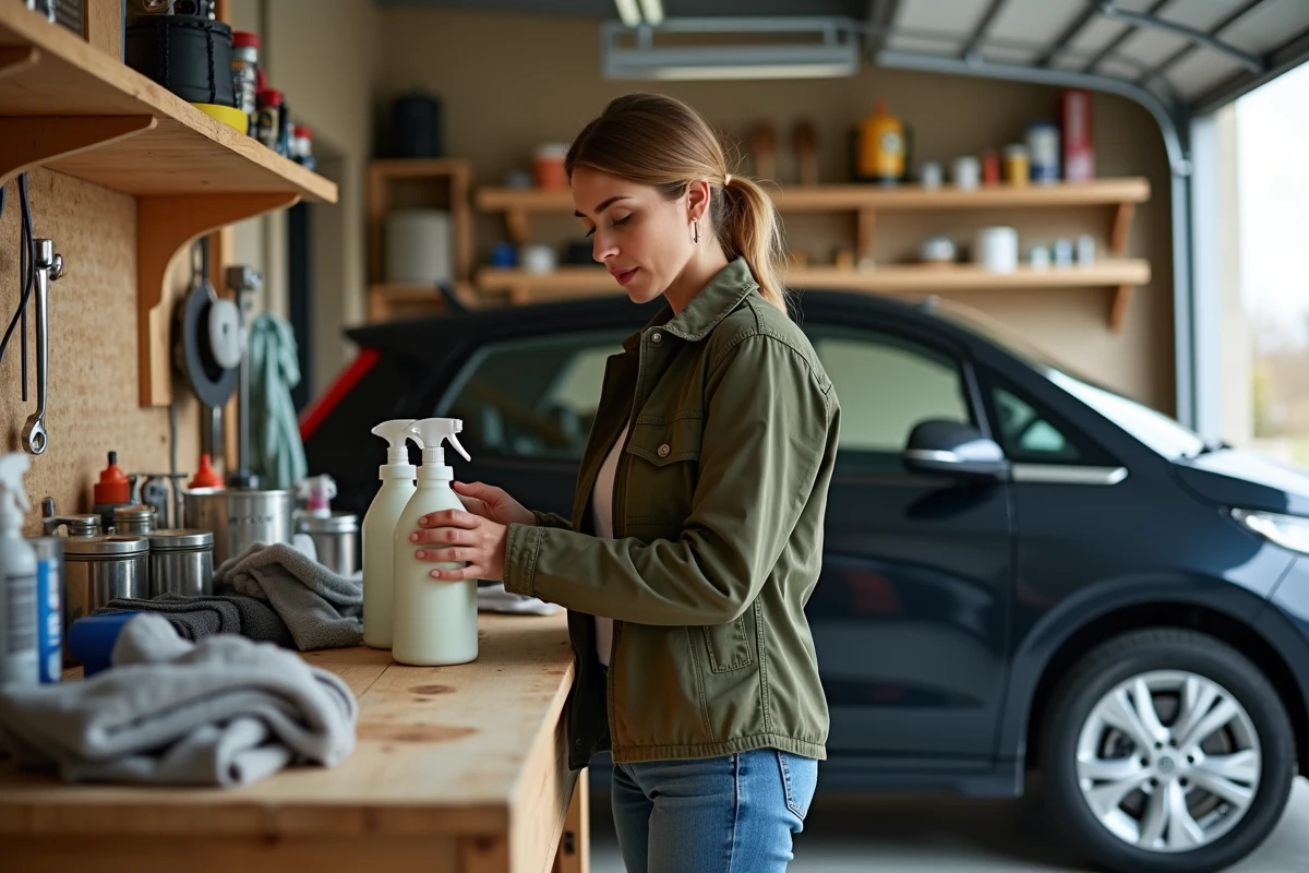 Femme comparant des produits rénovateurs pour plastiques extérieurs dans un garage domestique bien équipé