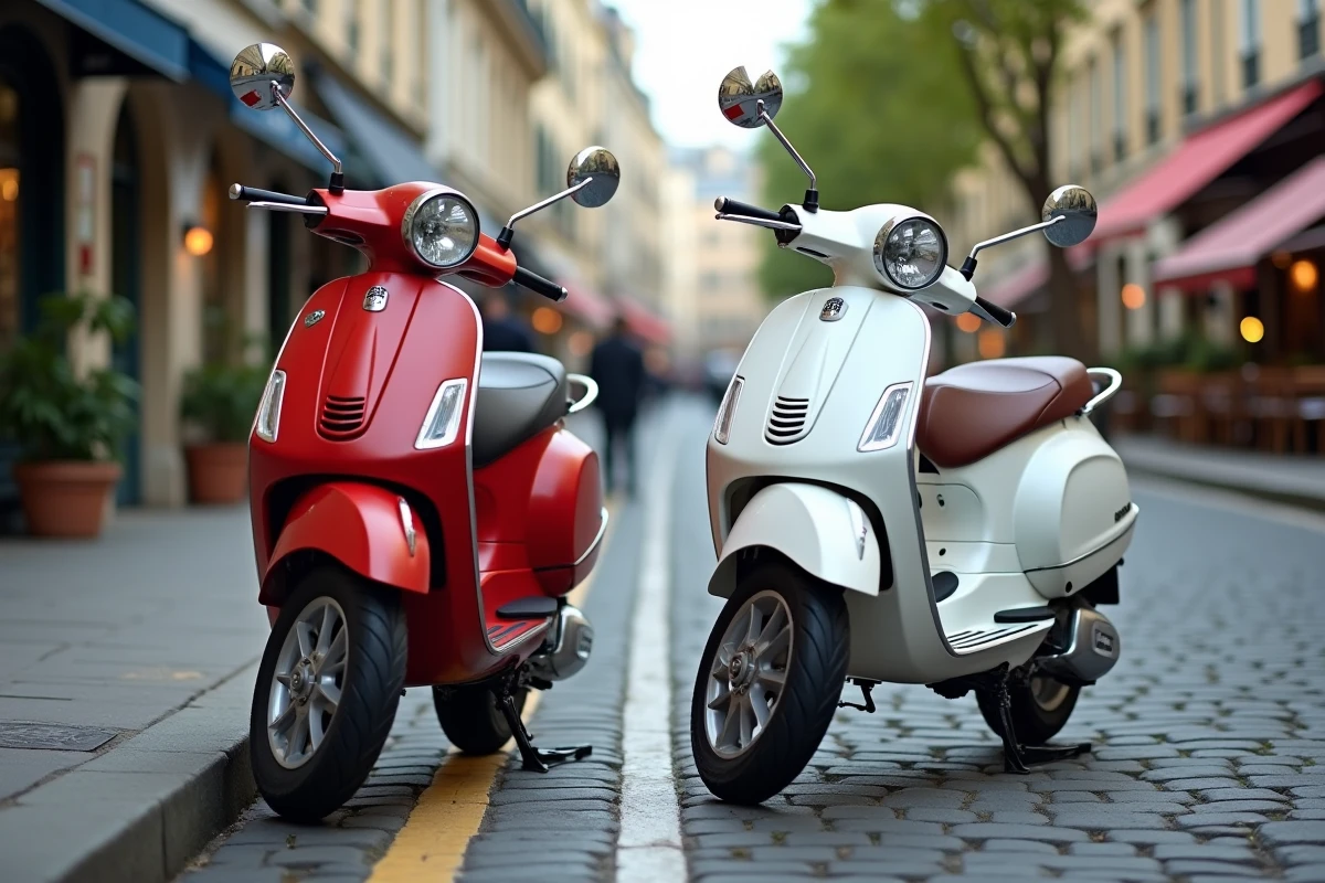Deux scooters 125cc rouge et blanc garés côte à côte sur une rue pavée dans une ville française