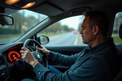 Conducteur homme regardant un symbole d'alerte sur le tableau de bord