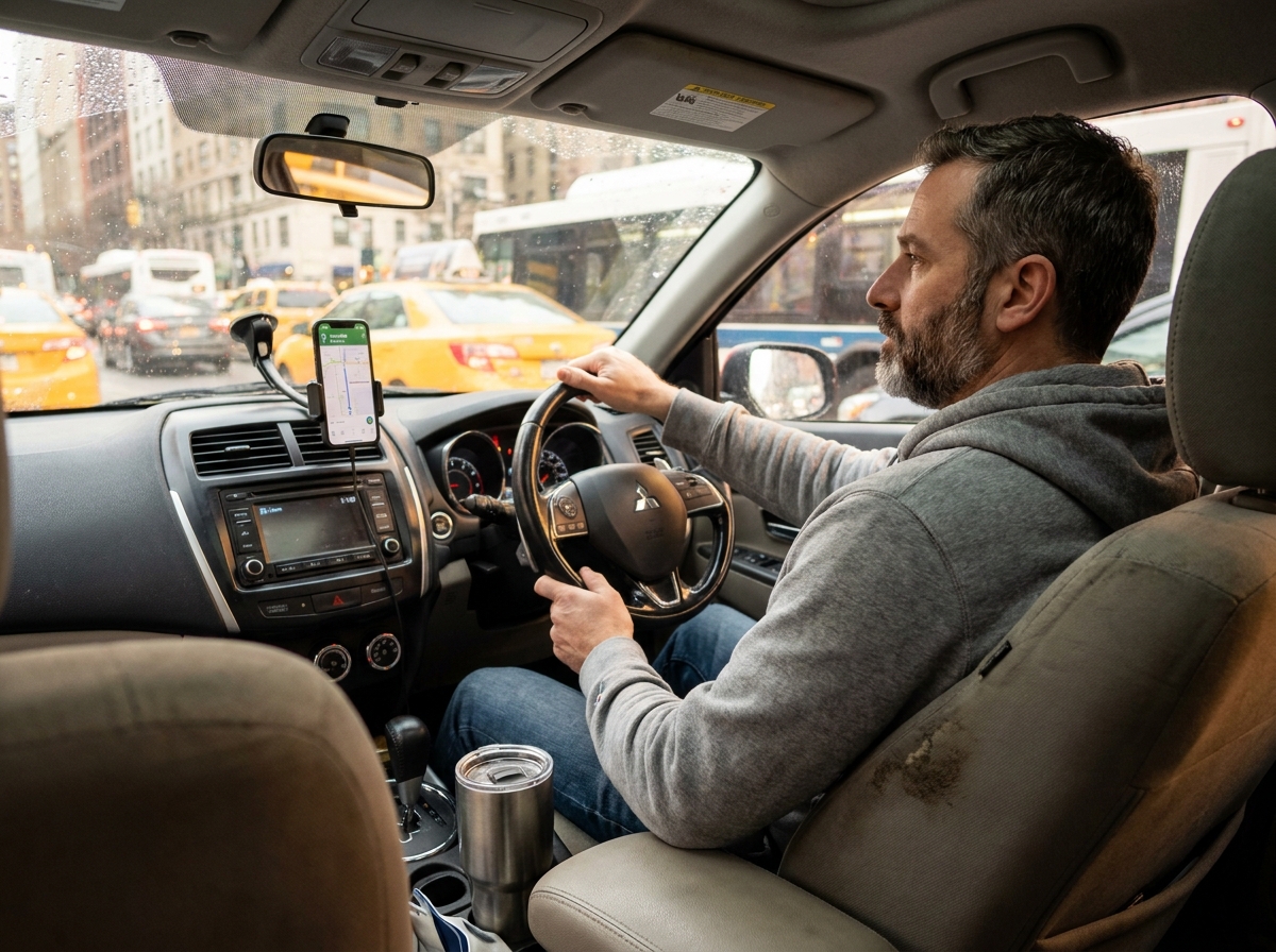 Homme au volant d'un SUV compact en trajet urbain quotidien, mettant en avant le confort et la praticité de ce type de véhicule