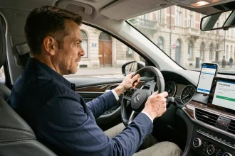 Conducteur consultant l'enregistrement de la vignette Bruxelles sur smartphone dans sa voiture