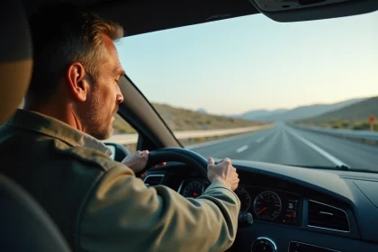 Homme conduisant une voiture européenne sur une route vide