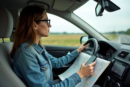 Conductrice planifiant un itinéraire longue distance avec carte routière et GPS sur autoroute