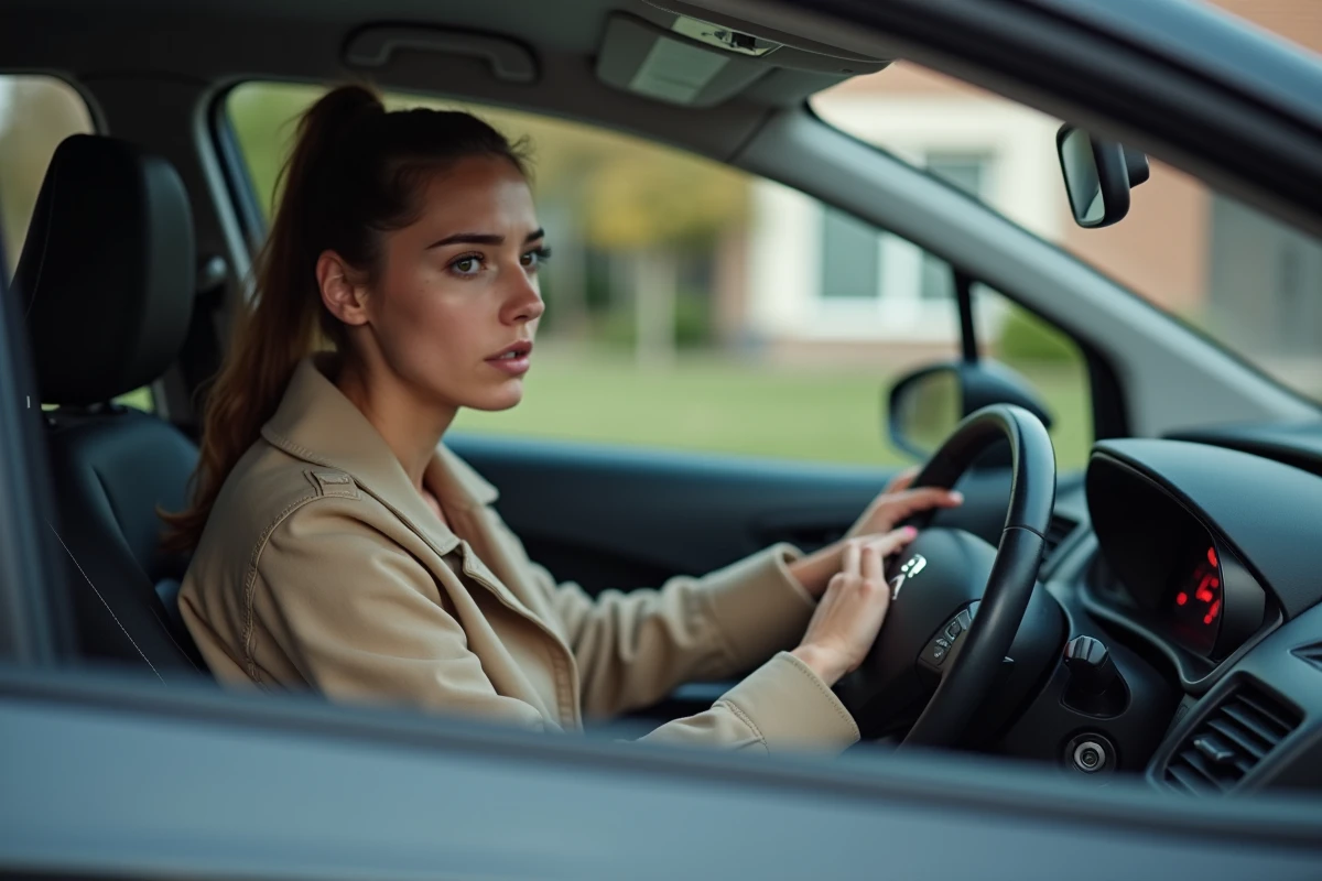Conductrice inquiète regardant un voyant allumé sur le tableau de bord de sa Peugeot 208 garée en ville