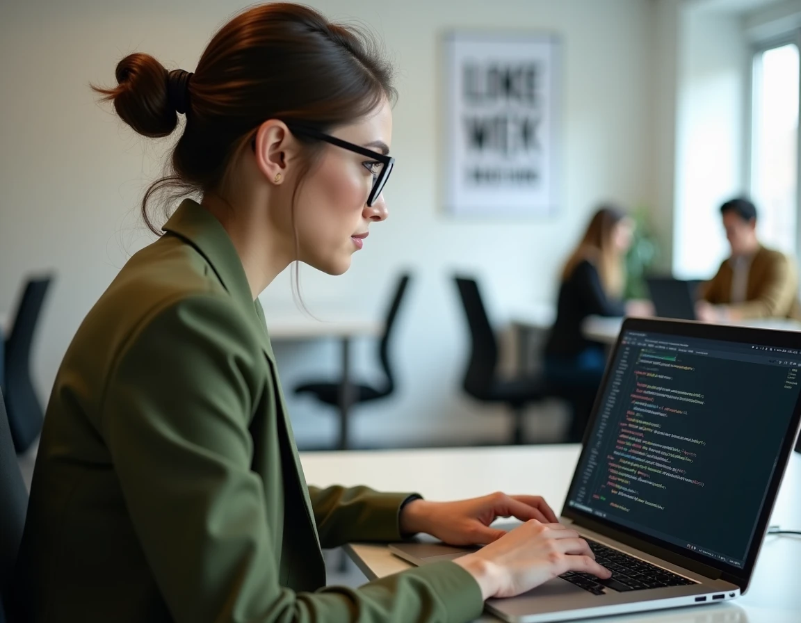 Jeune femme configurant les paramètres de localisation d'un logiciel dans un espace de coworking