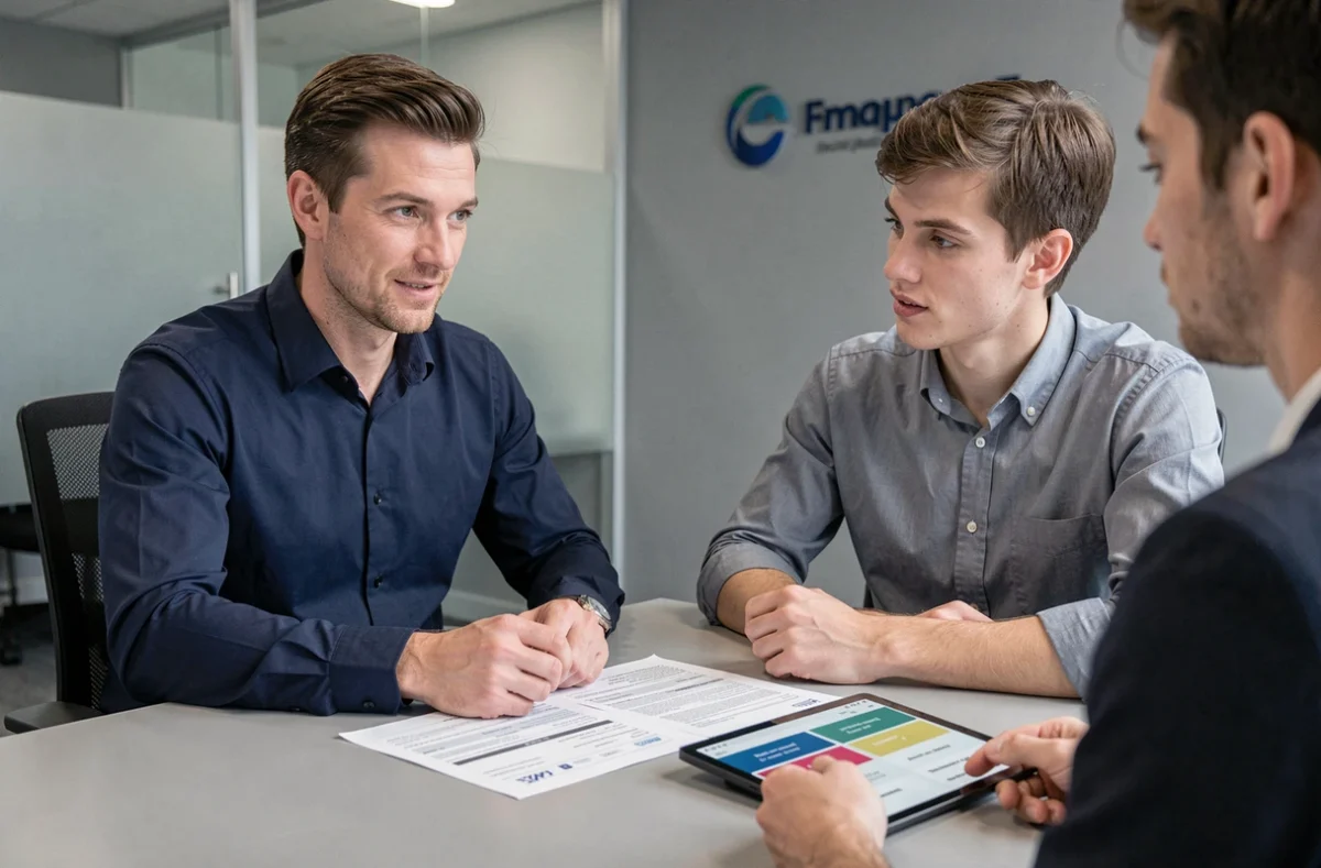 Conseiller en assurance présentant des devis comparatifs pour un scooter 50cm3 à un client en agence
