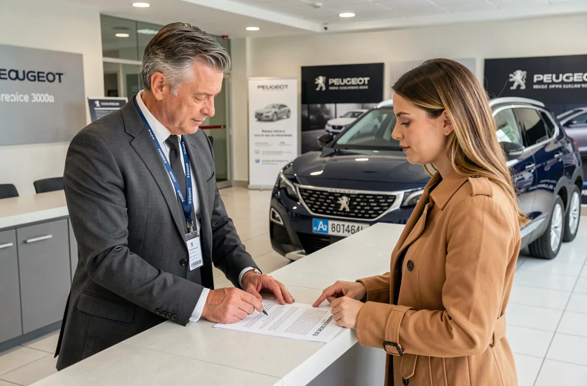 Conseiller Peugeot expliquant les détails d'une campagne de rappel à une cliente en concession automobile
